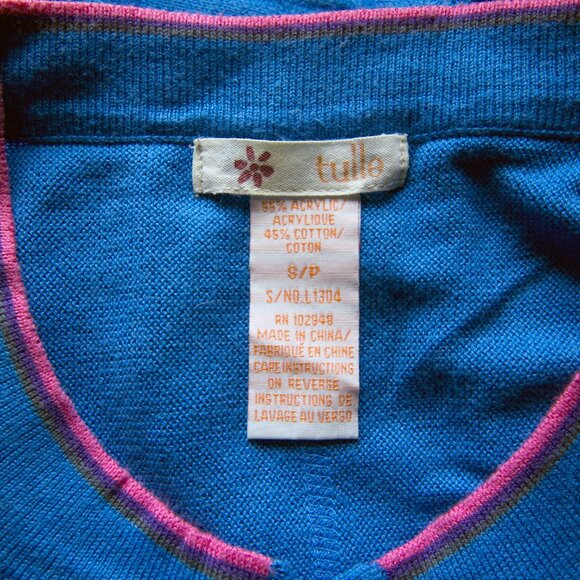 Blue Cropped Cardigan with Dolman Sleeves and Contrast Trim Size Small by Tulle - Picture 7 of 9